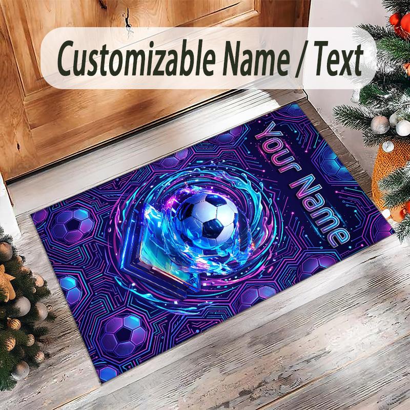Soccer Theme Crystal Velvet Floor Rug Personalized Custom Name Text Warm Carpet Home Decoration