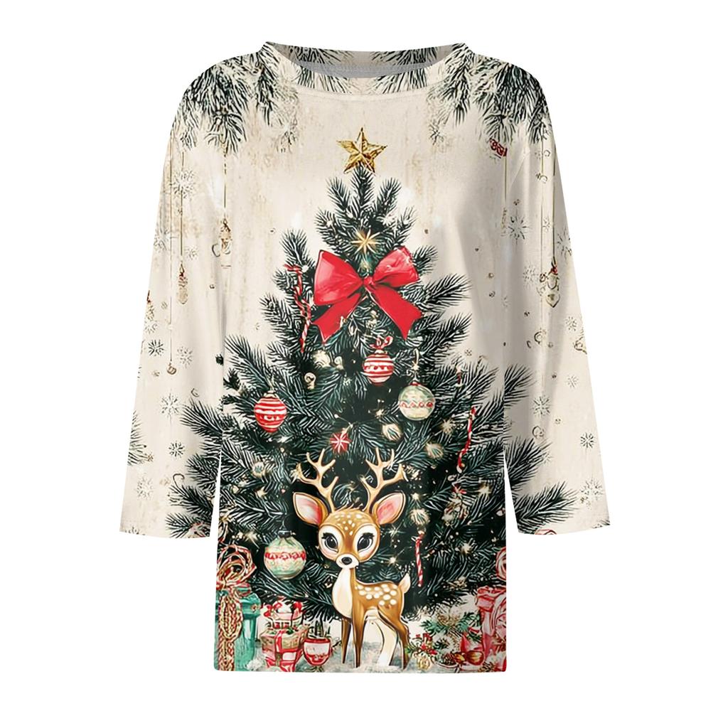 Women's Fashion Casual Round Neck 3/4 Sleeve Loose  Printed T-Shirt Ladies Top