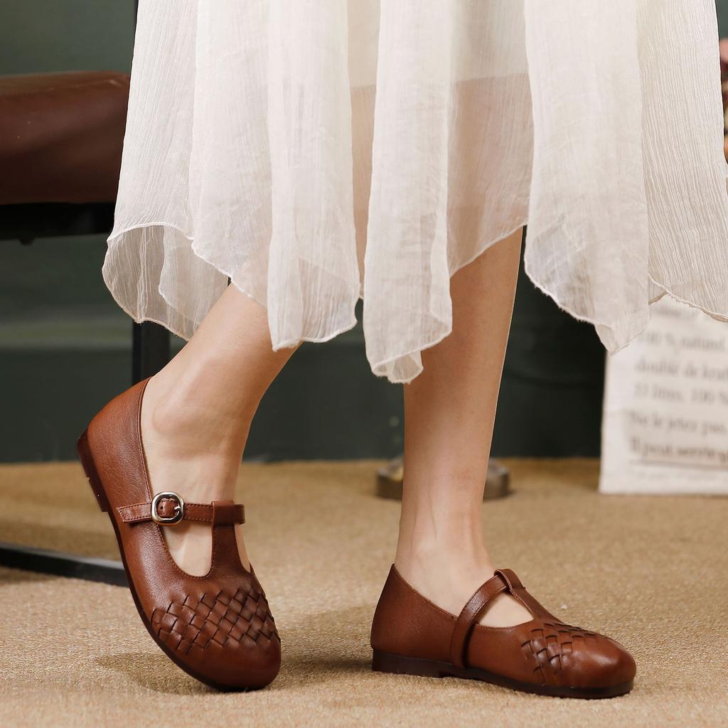 Johnature Pánské boty z pravé kůže, tkané, měkká podrážka, retro přezka, univerzální dámské baleríny