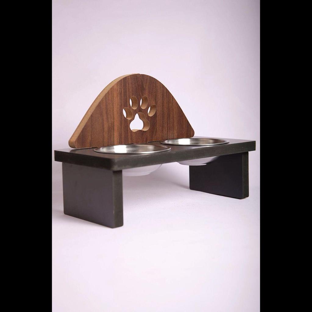 Mama Kabı Pati Desenli Ahşap Çelik Kaseli Kedi Köpek Mama Ve Su Kabı