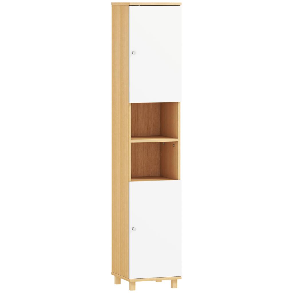 Bathroom Cabinet With 2 Cupboards And Open Shelves Adjustable Internal Shelves 30x30x166 Cm White And Wood