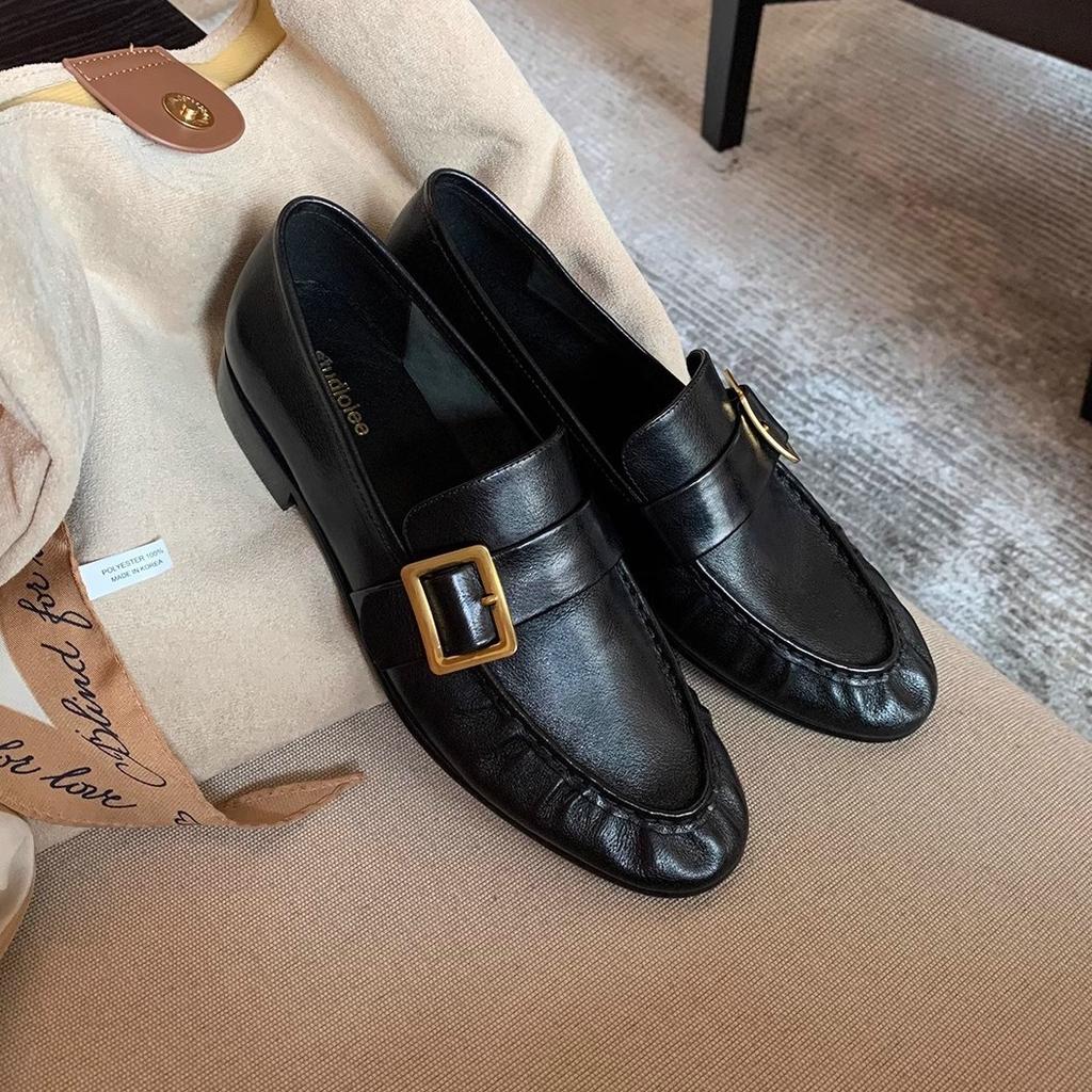 Fashion Metal Buckle Design New Women's Flat Shoes Genuine Leather Shoes British Style Retro Thick Heel Loafers For Women