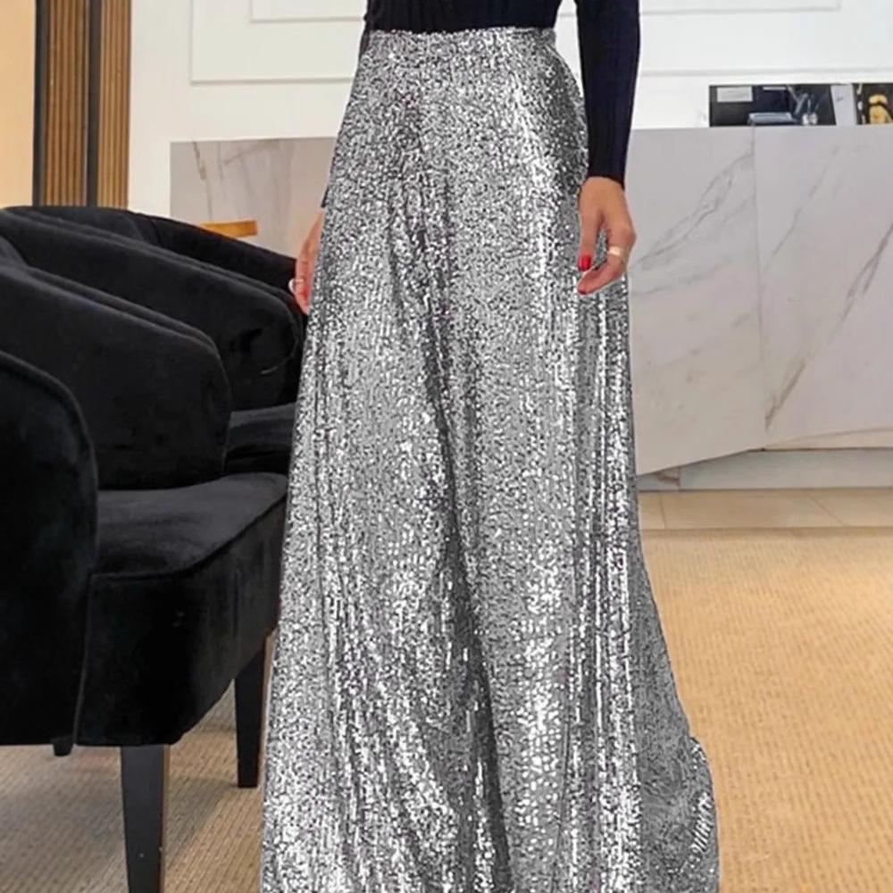 Pantalones de Mujer de Cintura Alta y Pierna Ancha de Color Sólido