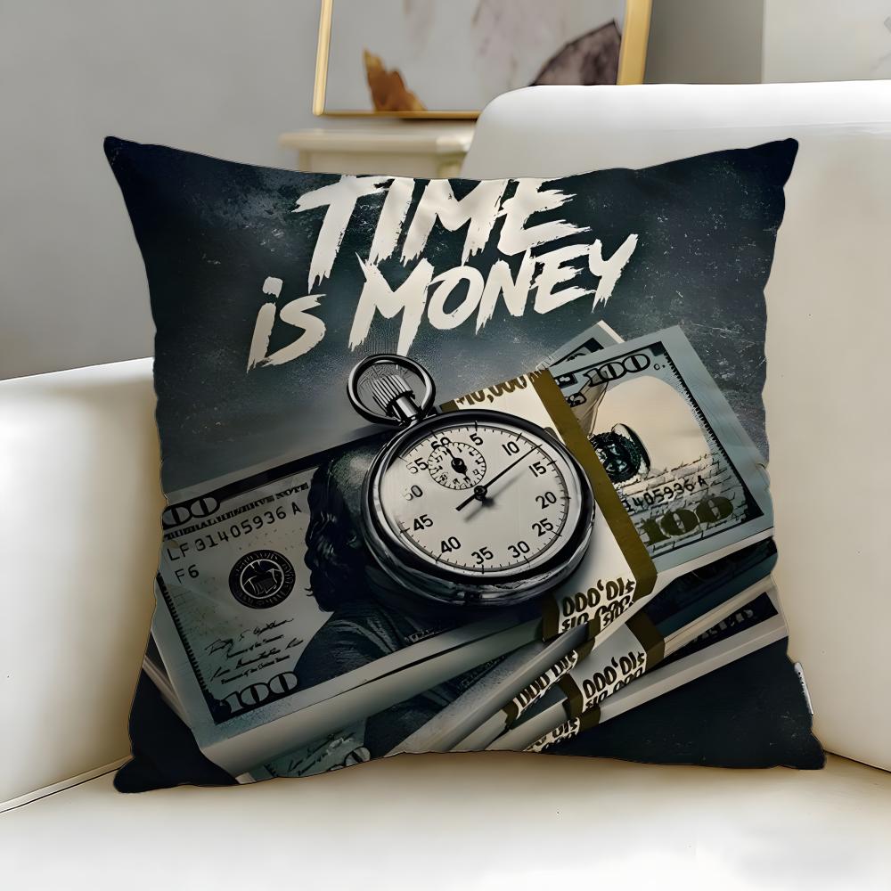 classic theme Time is Money Cushion Cover Soft  EasyWash Pillow Case  Versatile for Couch Bed Travel and Office