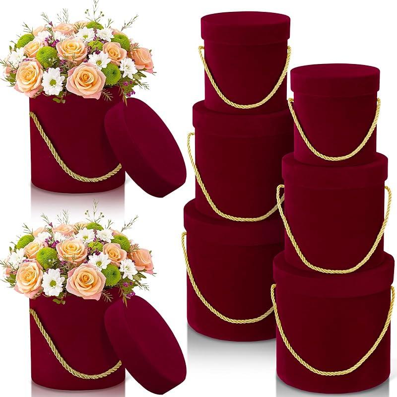 Uiifan 6 шт. Бархатная круглая коробка для цветов с крышками, бархатная вложенная подарочная коробка с ручкой для свадьбы, праздника, роскошная цветочная подарочная композиция, подружка невесты красный