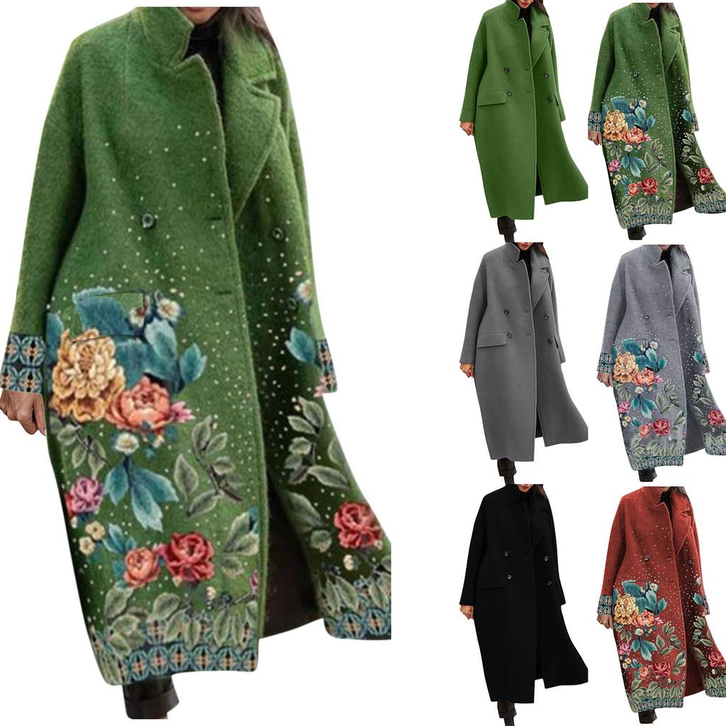 Women's Long-sleeved Solid Color Floral Print Lapel Coat