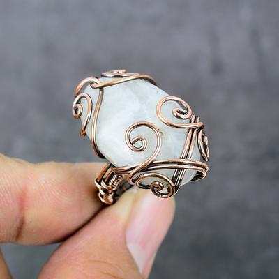 Natürlicher Mondstein Edelstein Kupferdraht Wickelring Geschenk Schmuck Ringgröße 9 b4l40