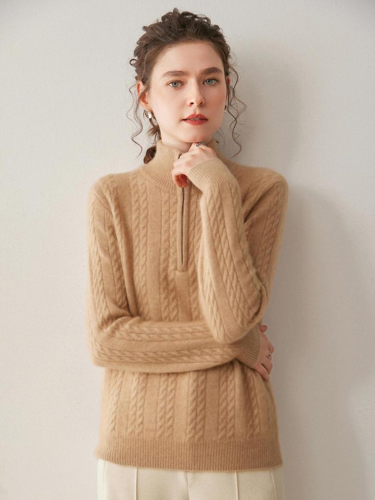 Women's Thickened Cashmere Stand Collar Sweater - Loose Fit, Zipper Lapel, Autumn/Winter 2024