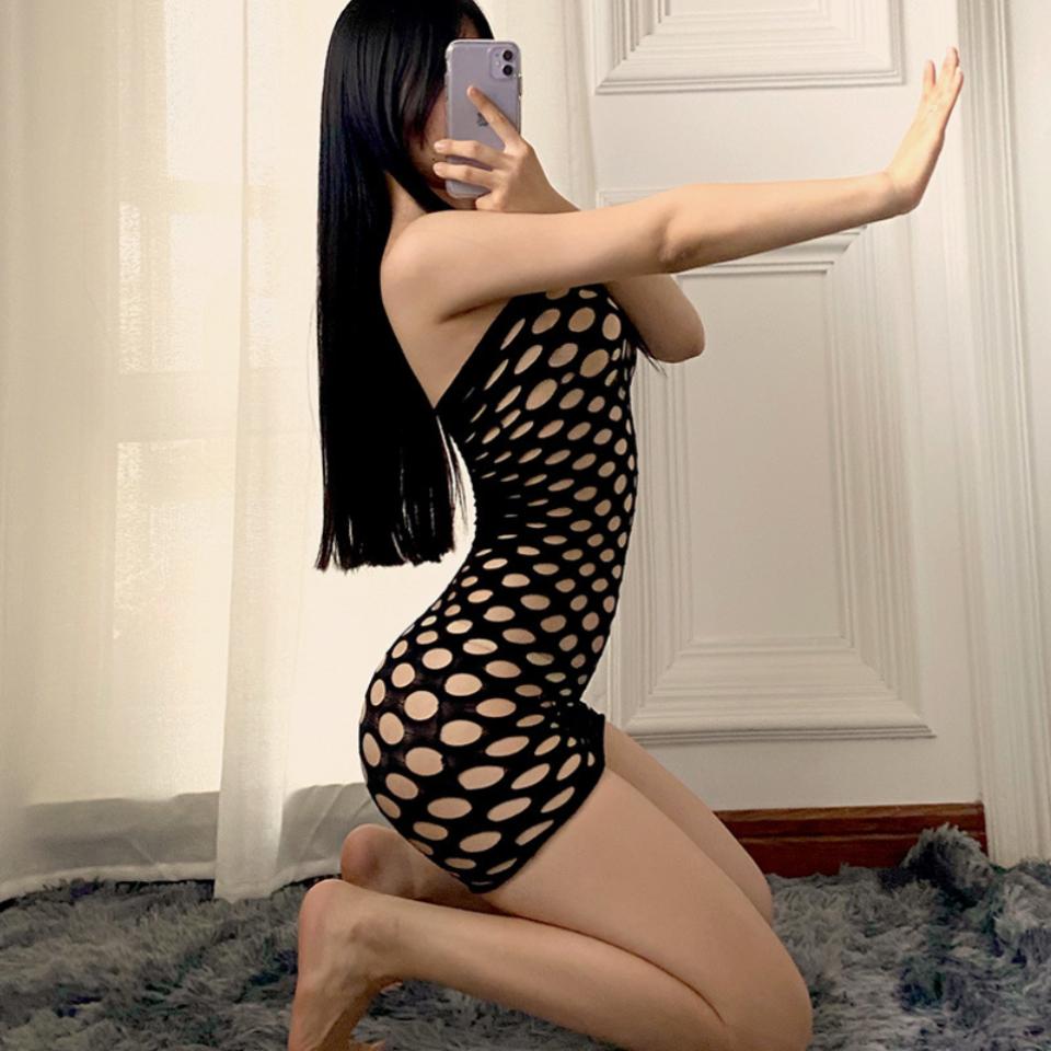 Sexy Pure Net Yarn Transparent Long-sleeved Crop Top Women's Sexy Dress Mini Dress Thin Black Dress Tight Dress