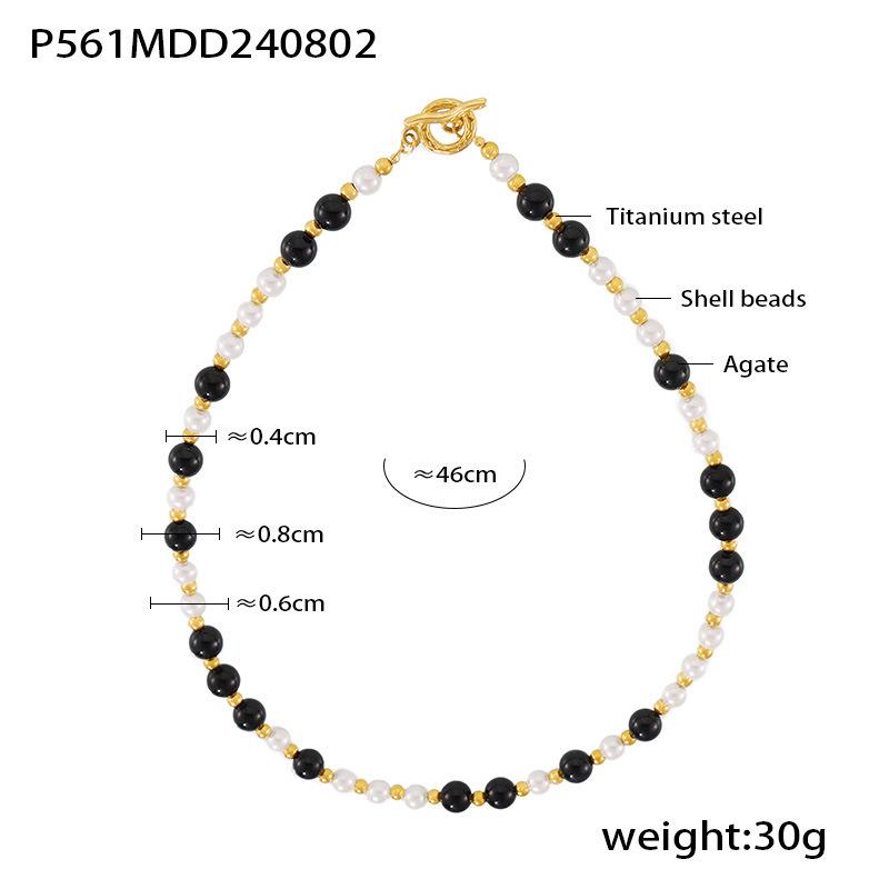 Luxurious Black Agate & White Shell Beaded Necklace with Titanium Steel OT Clasp