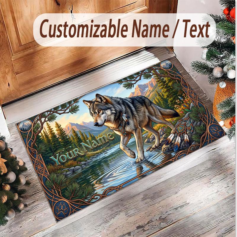 Wolf Theme Soft Crystal Velvet Rug Custom Name & Text Print Non Slip Floor Rug for Bedroom Living Room