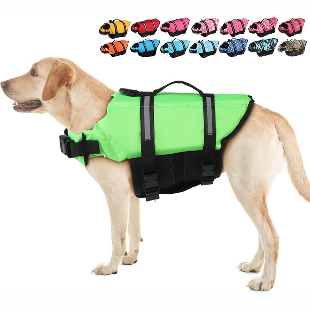Dog Life Jacket With Reflective Stripe Adjustable High Flotation Dog Life Vest Ripstop Dog Lifesaver Pet Life Preserver Swimsuit