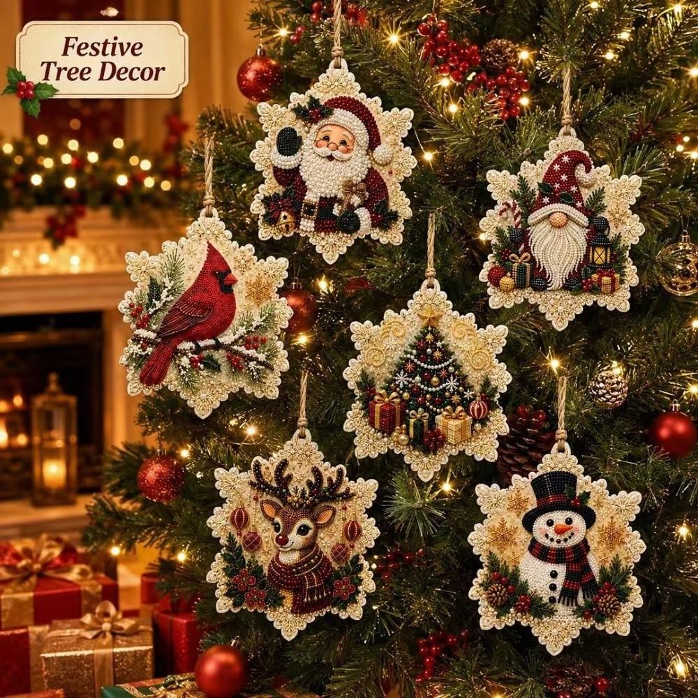 6Pcs Vintage Print DIY Christmas Diamond Painting Kit Wooden Base Full Drill Wooden Christmas Ornaments Set Santa Claus