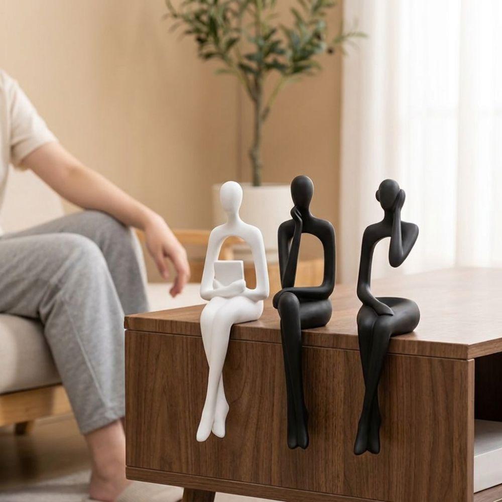 3Pcs Long Leg Abstract Sitting Human Sculpture Set Hollow Reading Thinking Figurine Office Desk