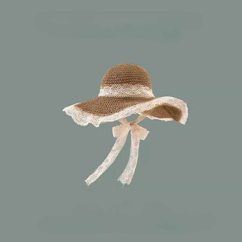 Pălărie de paie pentru femei, pălărie de vară pentru ieșire, protecție solară, plajă, pălărie de soare cu margine din dantelă
