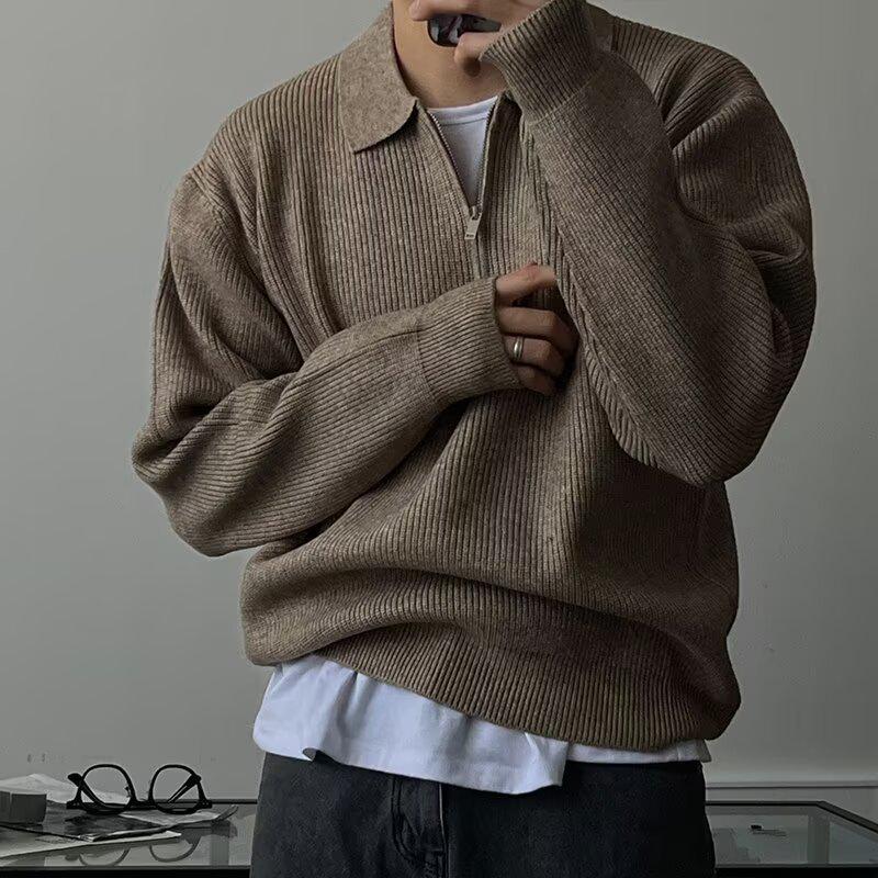 Men's Dark Blue Half-Zip Knit Sweater - Winter, Clean Fit, Versatile Casual Top