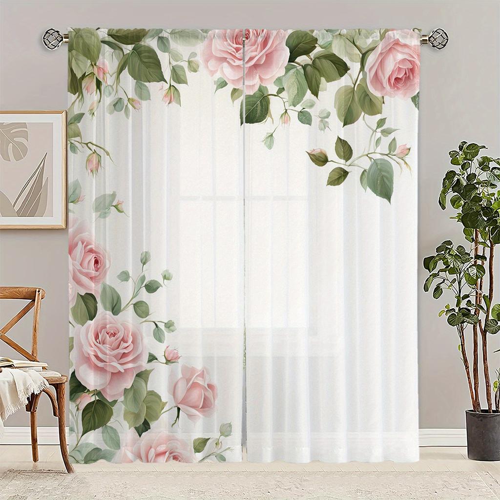2Pcs Elegant Floral Print Sheer Curtains, Pink Roses & Green Leaves, Machine Washable Polyester, Rod Pocket Design, 100-120Gsm,