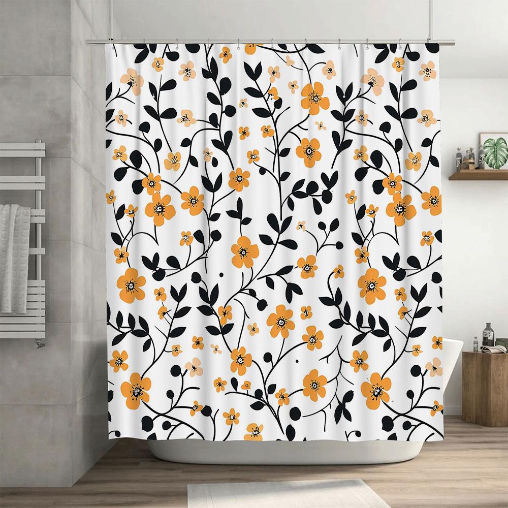 Modern Bathroom Shower Curtain with Orange Floral Design Waterproof Fabric for Home Decor in White Black (Size180x240cm)