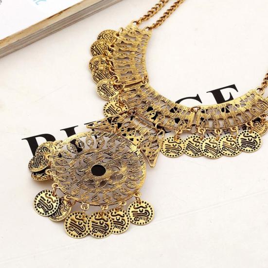 Women's Boho Ethnic Vintage Double Chain Coin Flower Statement Necklace Jewelry