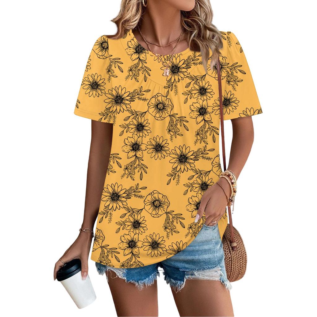 Women's Casual Fashion Round Neck Floral Printed Pleated Short Sleeve T-shirt Top