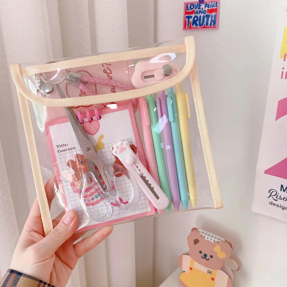 Korean Big Storage Clear PVC Transparent Cosmetic Bag Student Pencil Case Waterproof Lovely Stationery Storage Documents Pouch