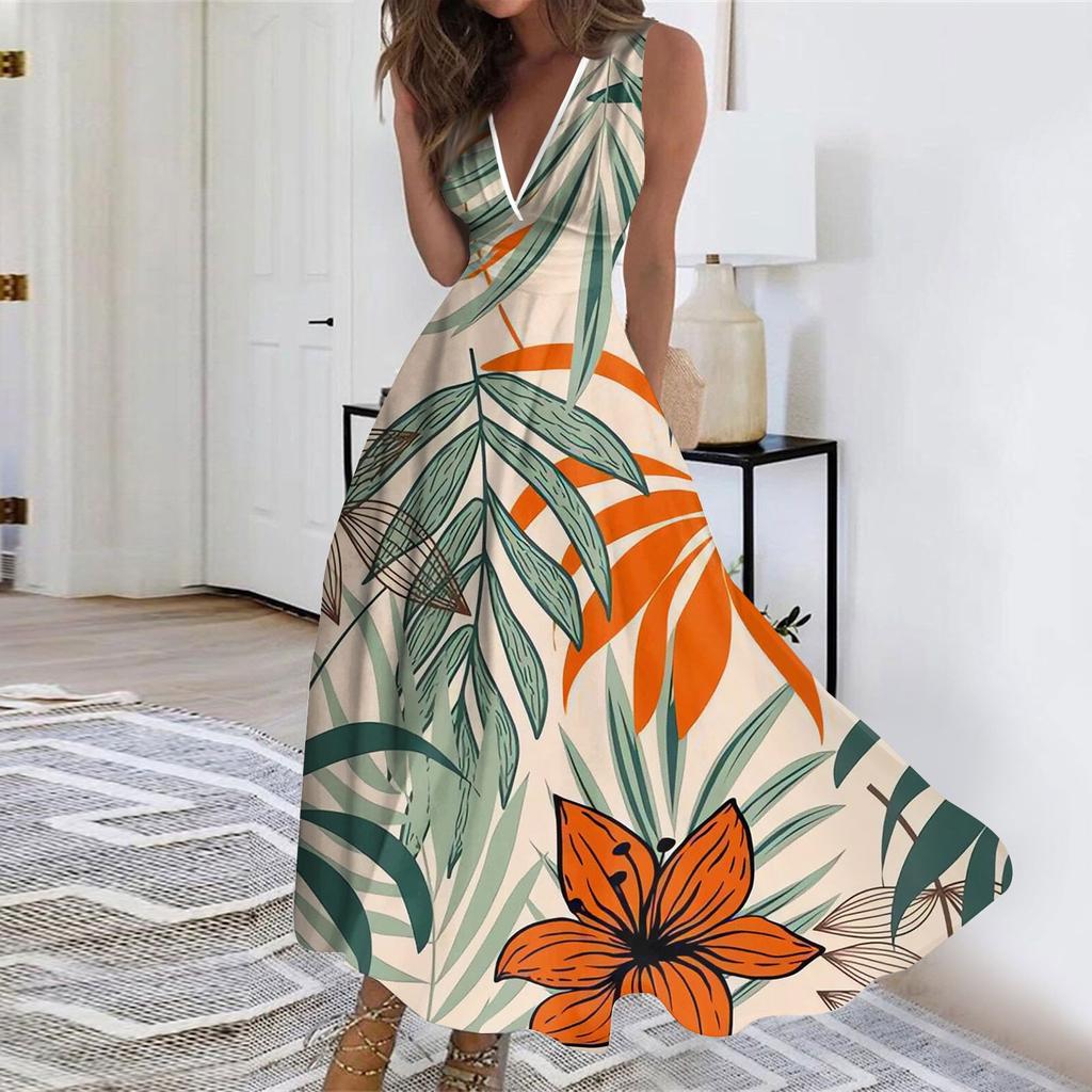 Women's Fashion Summer Floral Print V-Neck Sleeveless Tunic Casual Dresses