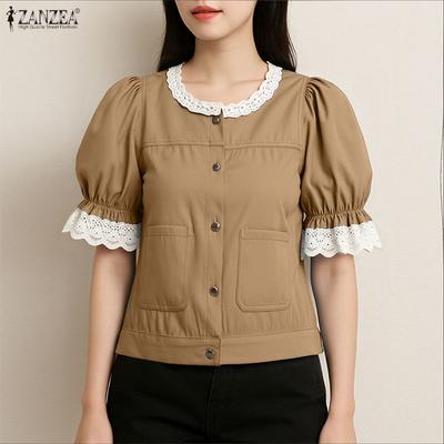 Women Casual Lace Splice Round Neck Summer Short Sleeve Blouse