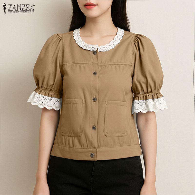 ZANZEA Women Casual Lace Splice Round Neck Summer Short Sleeve Blouse