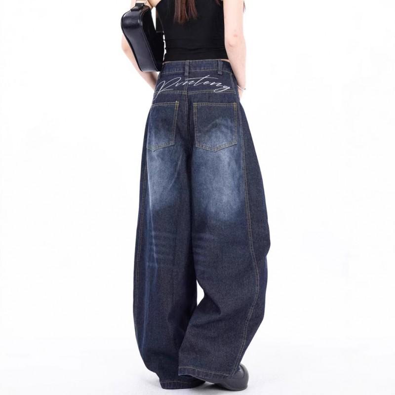 Womens High-Waisted Baggy Wide-Leg Denim Jeans Water Washed Blue Streetwear Style