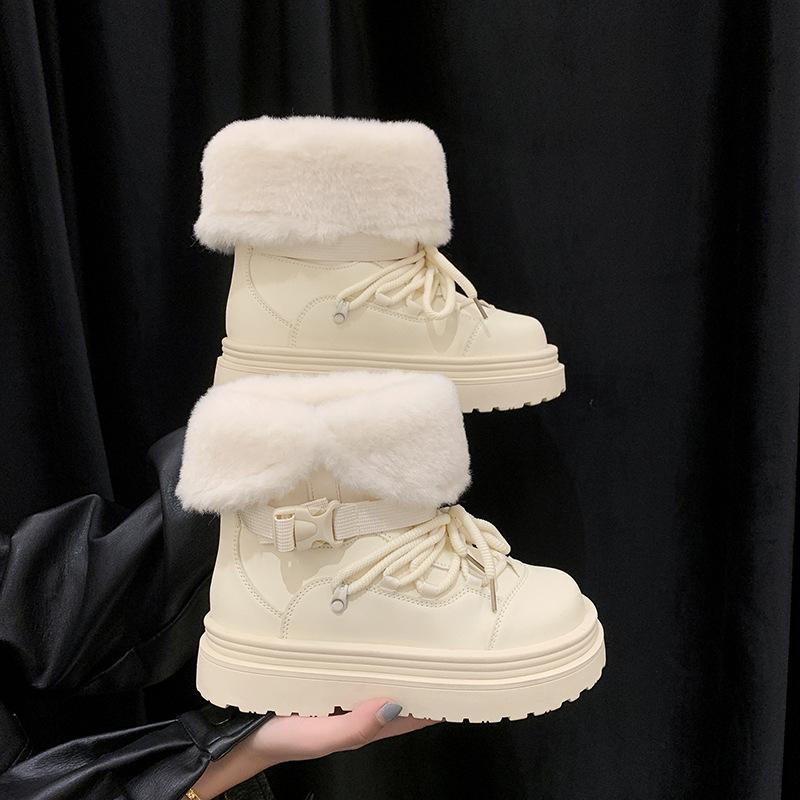 

Белые зимние сапоги на толстой подошве женские сапоги 2025 новые зимние бархатные утепленные теплые водонепроницаемые модные хлопковые туфли короткие сапоги 40 слоновая кость