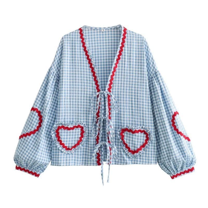 Vintage žena mřížkovaný tisk srdce patchwork šněrovací halenka dámská volná elegantní výstřih do V packet párty venkovní topy dívky jaro a léto