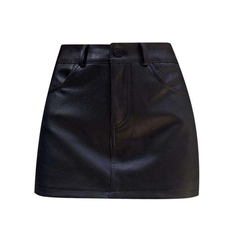 Women's Coffee-Colored PU Leather A-Line Mini Skirt, Petite, High-Waisted, Textured, Hip-Hugging, Autumn Style.