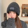 Simple Letter Patch Woolen Hat for Women in Autumn and Winter Thickened Warm Ear Protection Knitted Hat Large Head Circumference Pullover Cold Hat