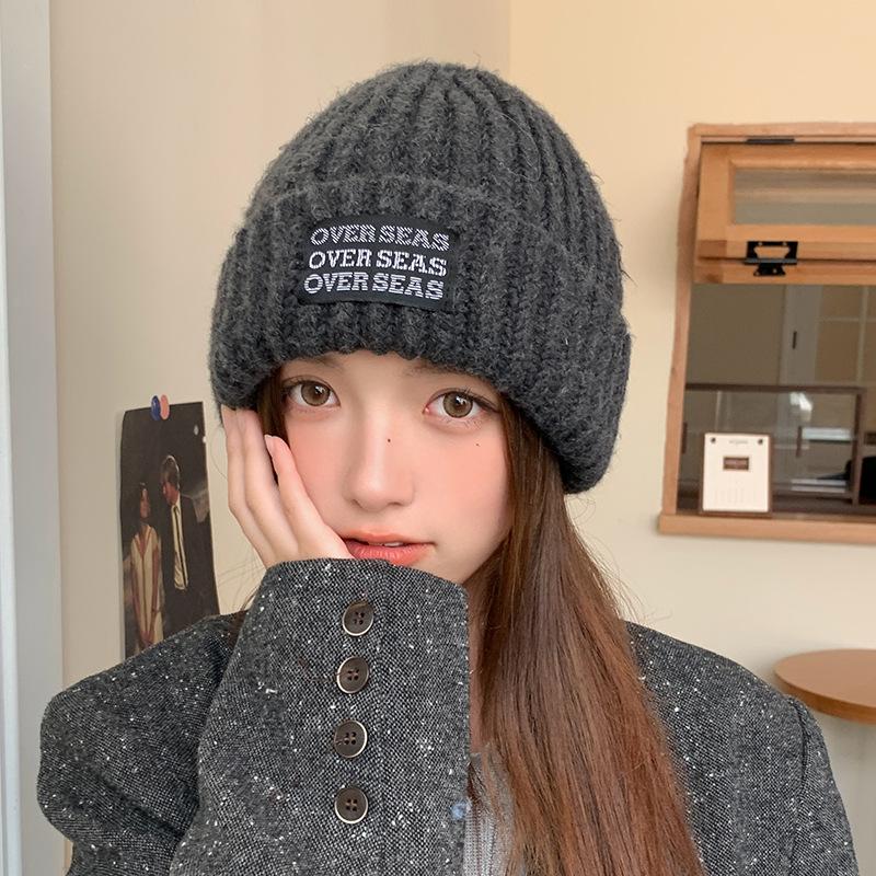 Simple Letter Patch Woolen Hat for Women in Autumn and Winter Thickened Warm Ear Protection Knitted Hat Large Head Circumference Pullover Cold Hat