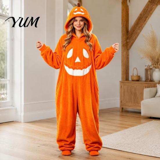 Unisex flísové pyžamo Halloweenský dýňový overal pro dospělé, Plyšový kostým s kapucí pro dospělé, Nadměrný volný domácí oblečení, Vtipný podzimní