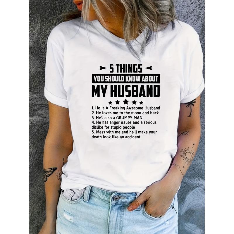 Damen Lustiges Ehemann Alphabet Druck T-Shirt Rundhals Kurzarm Frühling Sommer Herbst Lässiges Oberteil