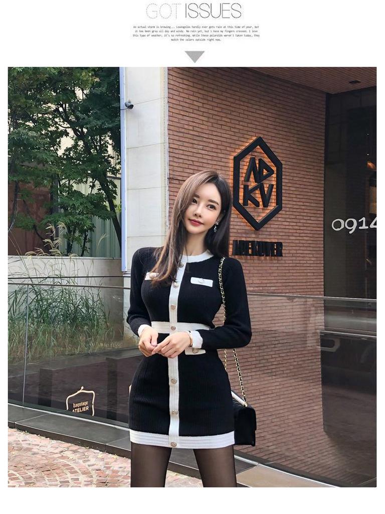 2023 Herbst/Winter Koreanischer OL Slim-Fit Colorblock Strickpulloverkleid