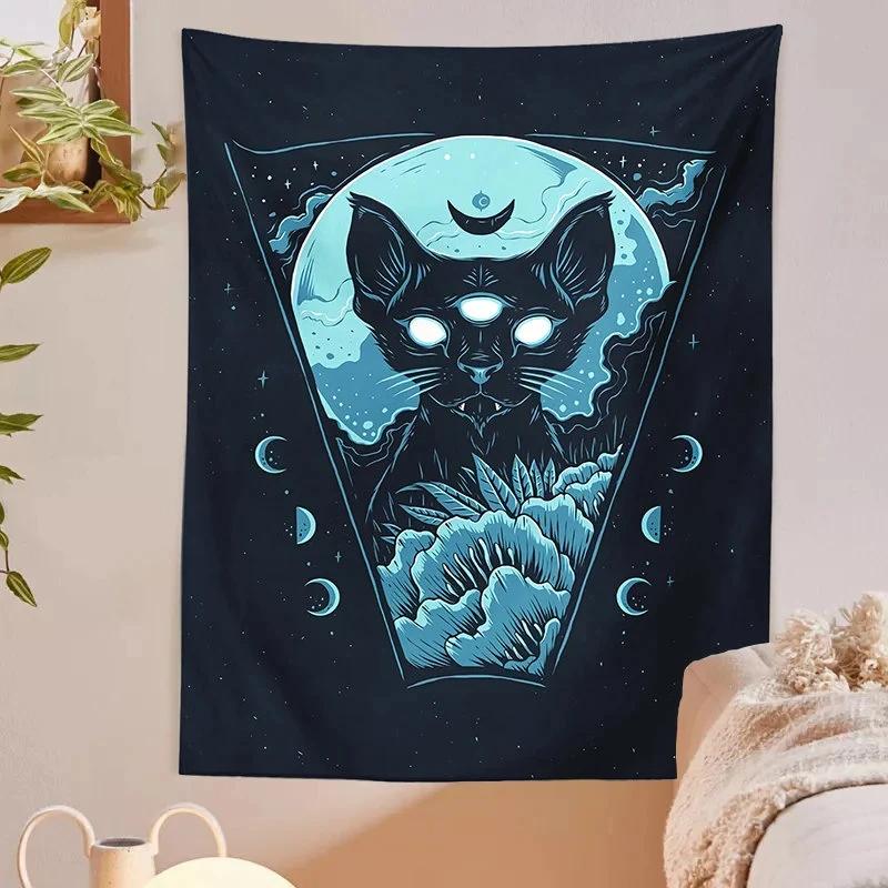 Mystical Cat Moon Tapestry Flat Print Starry Sky Floral Wall Hanging Gothic Witchy Aesthetic Decor for Bedroom  Dorm Perfect