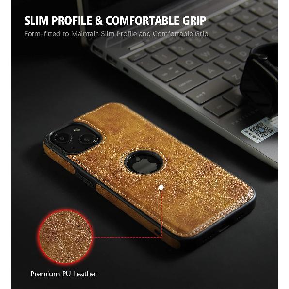 Classy Design Luxury Leather Phone Case for iPhone 13 Non-Slip Grip Full Body Ultra Slim Protective Case (2021,6.1”) (Brown)