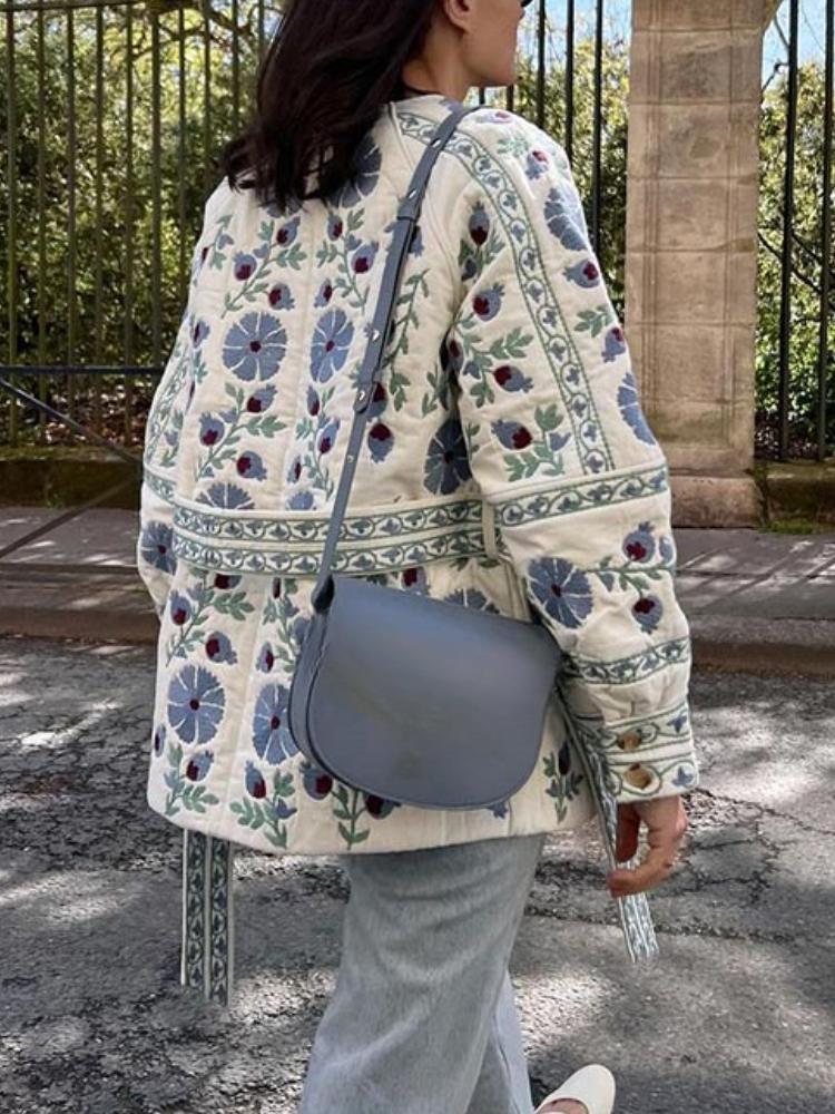 Elegant Women Cotton Jacket Floral Print Belted Coat Autumn Winter Fashion Long Sleeves Single Breasted O Neck Streetwear New Lady Outerwear