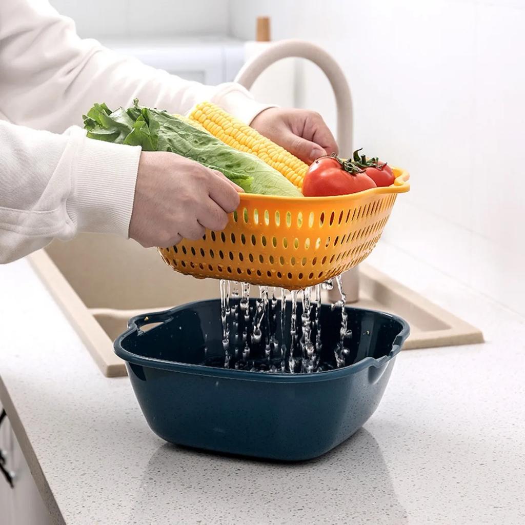 2/6/8PC Nestable Double-Layer Drain Basket Set - Durable Plastic Strainers for Efficient Fruit and Vegetable Washing - Kitchen M