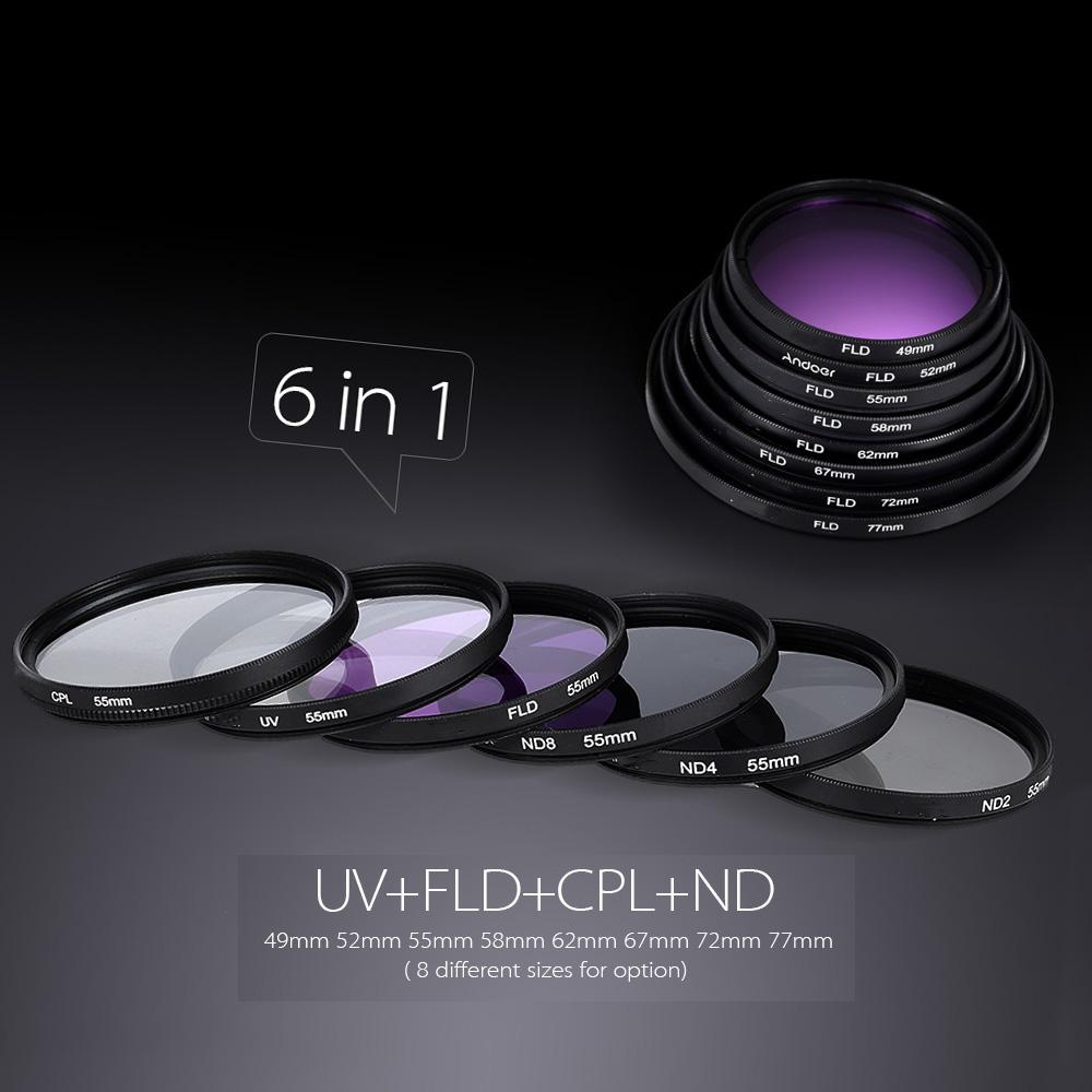 58mm Lens Filter Kit UV+CPL+FLD+ND(ND2 ND4 ND8) with Carry Pouch   Lens Cap   Lens Cap Holder   Tulip & Rubber Lens