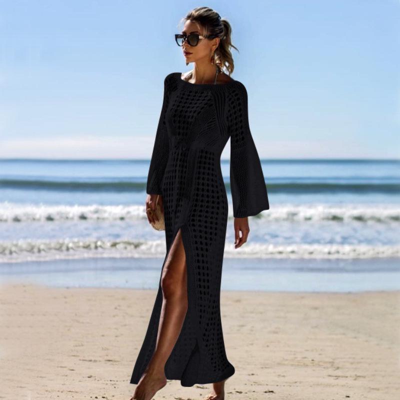 European & American Seaside Vacation Knitted Bikini Cover-Up with Trumpet Sleeves and Hollow Slit Long Skirt