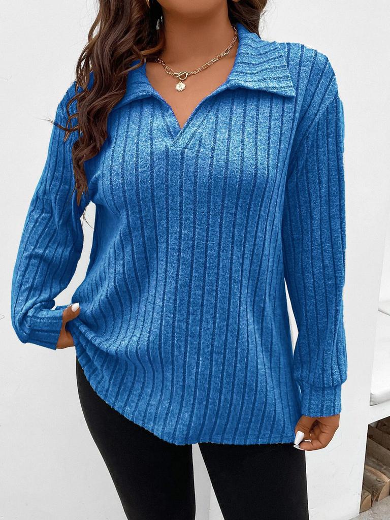 Autumn and Winter Solid Color Plus Size Women's Top V-neck Long Sleeved Pit Stripe Brushed T-shirt Loose Fitting Shirt