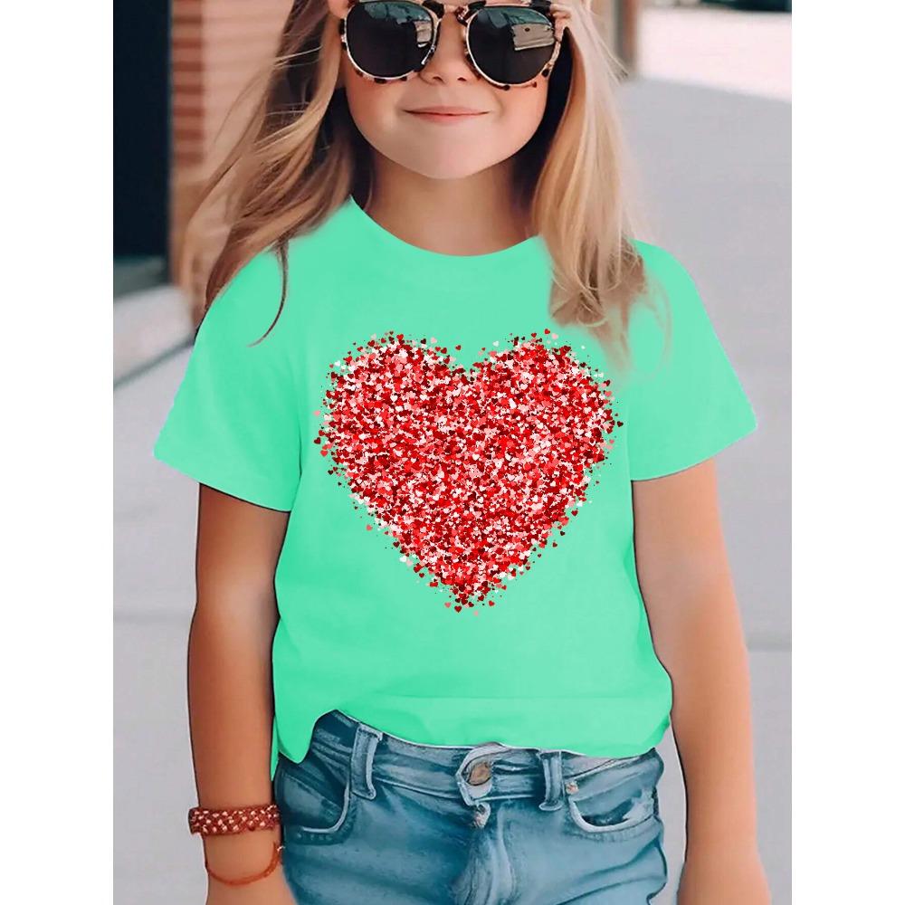 Summer Fashion Girls Short-sleeved T-shirt Red Love Element Printed Casual Versatile Top