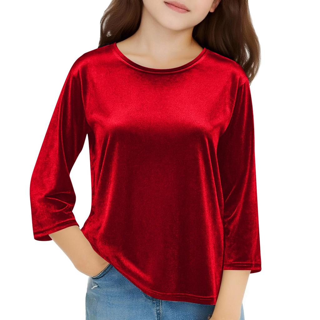Girls Velvet Tops 3/4 Sleeve T-Shirts Velour Tees Shirts Color Basic Tshirts For Kids