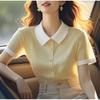 Women's Yellow Ice Silk Knit Lapel Shirt - Summer 2026 Short Sleeve Fashion Top