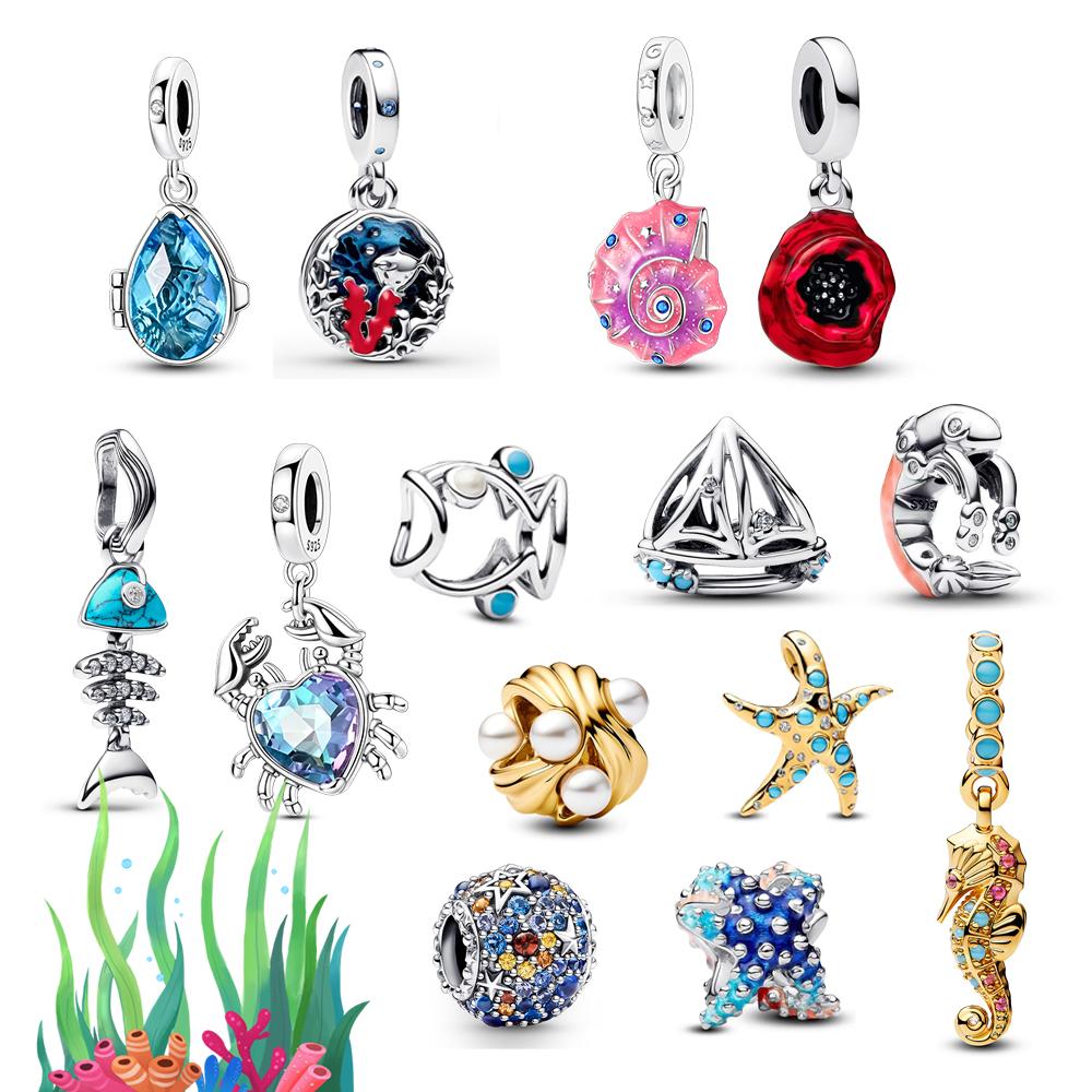 Underwater World 925 Silver Starfish Coral Seahorse Shell Octopus Crab Pendant Fit DIY Bracelet Necklace Matching Gifts