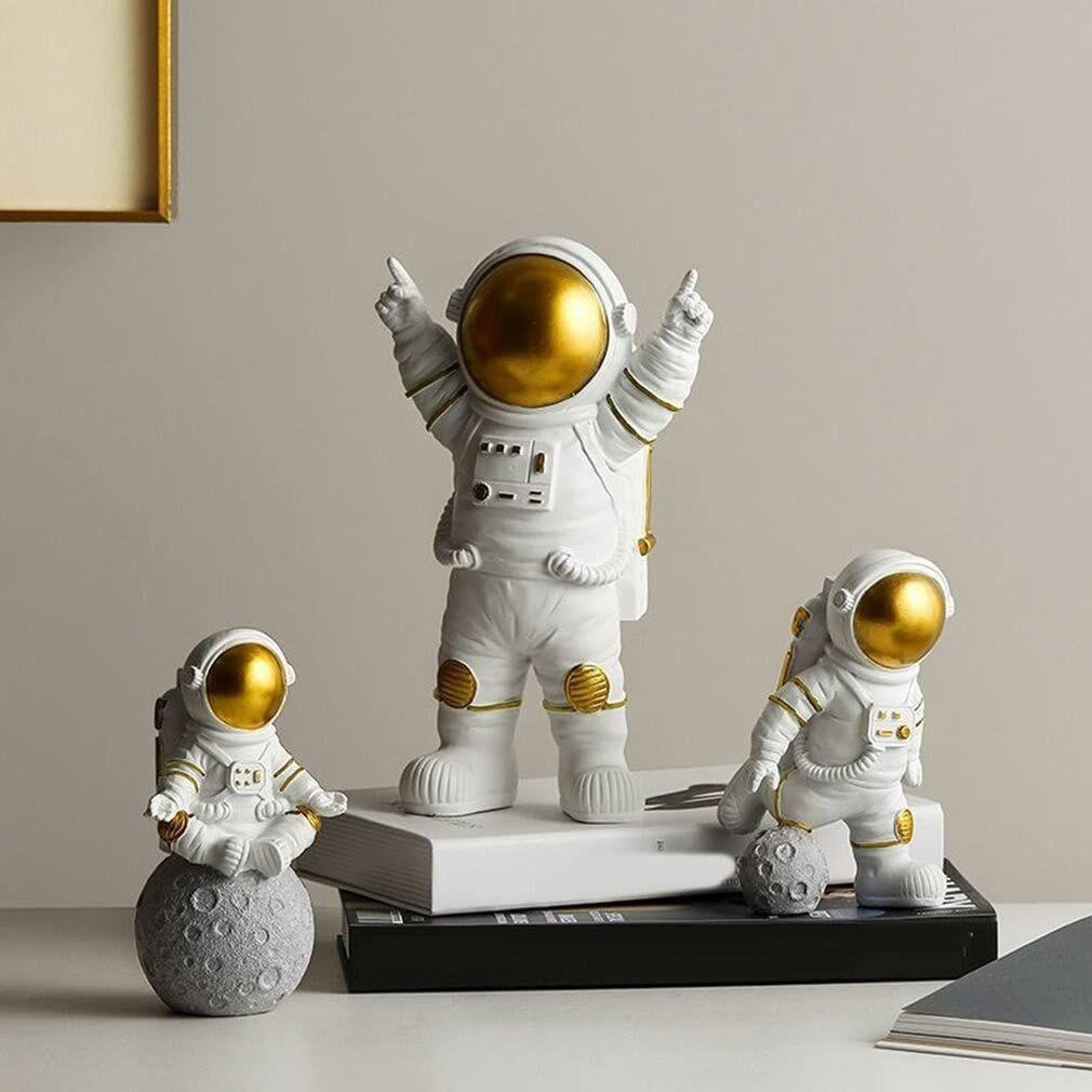 Resin Astronaut Spaceman Statue Ornament Home Office Desktop Figurine Decors Set of 3 - Golden