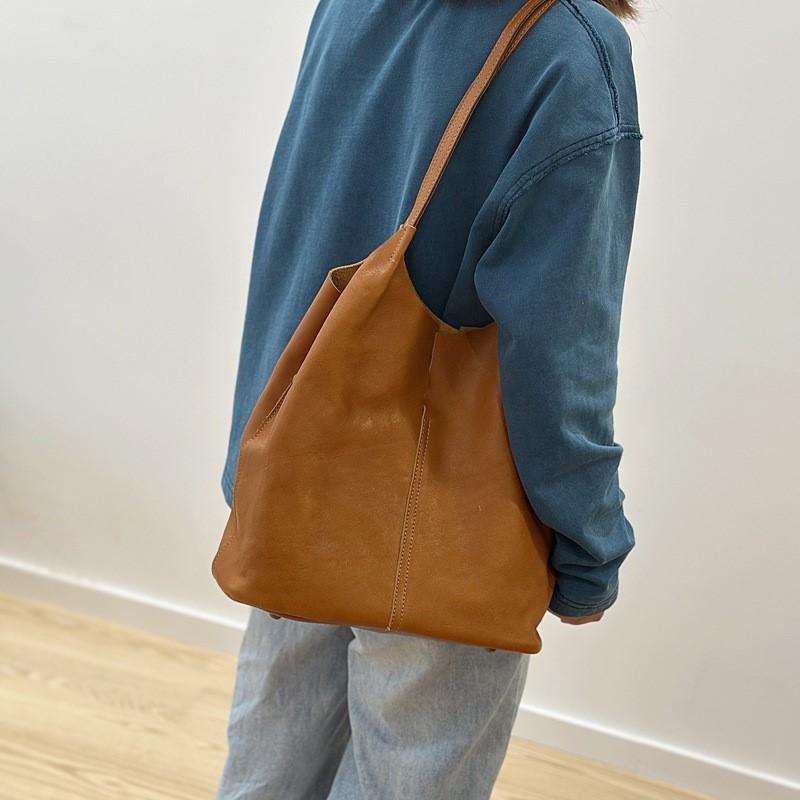 Johnature Handmade Casual Tote Bag Versatile Commuting Shoulder Bag Large Capacity Genuine Leather Handbag